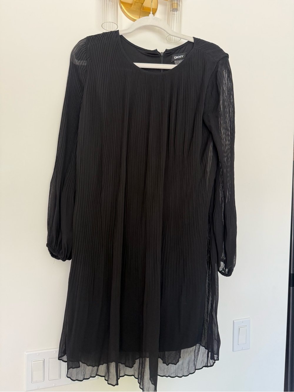 DKNY Black Pleated Long-Sleeve Shift Dress with Sheer Sleeves